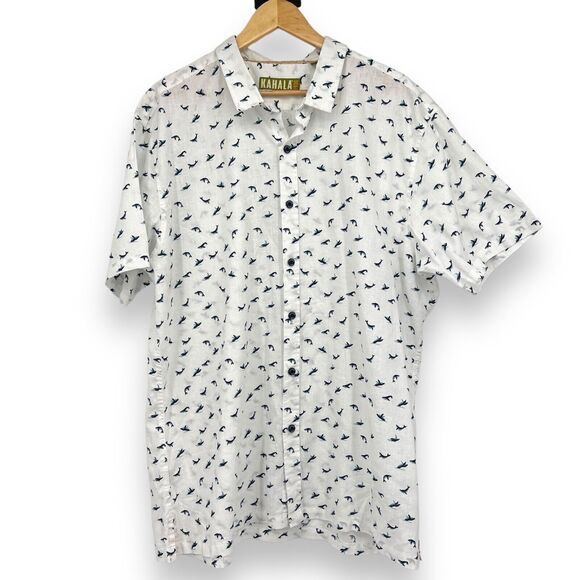 Kahala Short Sleeve Button Up Linen Cotton Whale Print Men's 2XL White Shirt - Picture 1 of 10